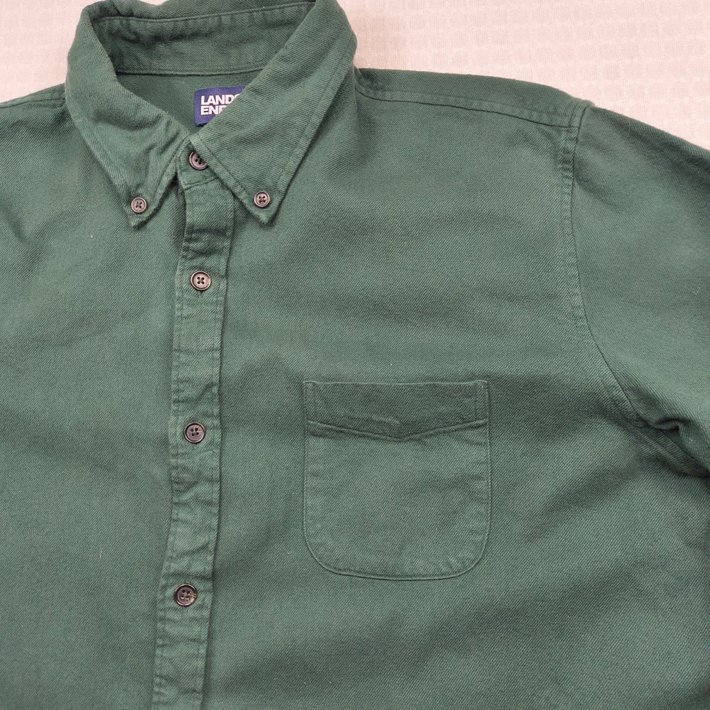 Lands End Mens XL Dark Green Cotton Flannel Button Down Shirt 461909 Traditional - Picture 9 of 11